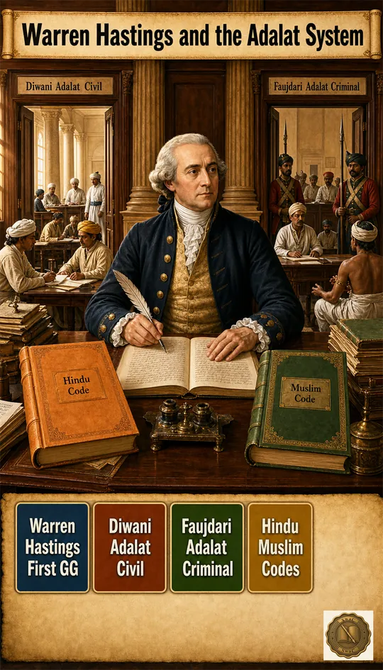 A single 1780s Calcutta courthouse interior with two clearly labelled doorways — left-hand 'Diwani Adalat — Civil', right-hand 'Faujdari Adalat — Criminal' — and Warren Hastings seated at a central writing table with two compiled legal codes (Hindu code bound in saffron, Muslim code bound in green) flanking his ledger.
