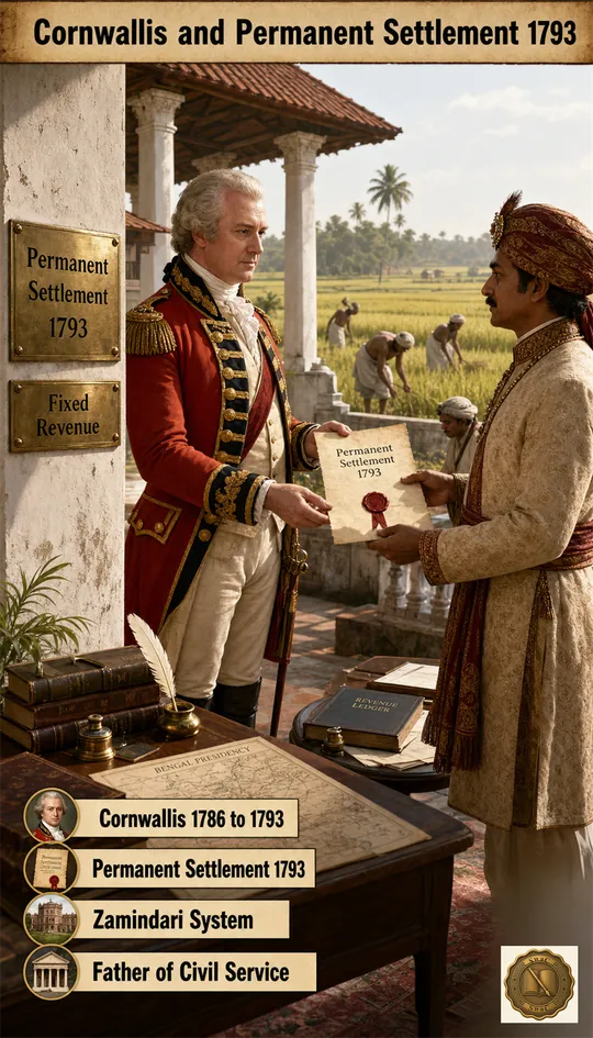 A Bengal field scene — Lord Cornwallis in 1790s general's coat presenting a sealed Permanent Settlement parchment to a Zamindar in period kurta, sherwani and turban on the verandah of a Bengal estate house; behind them a rice-field horizon with Bengali peasant cultivators bent at work; on the verandah pillar a brass plaque reads 'Permanent Settlement 1793' and a smaller plaque 'Fixed Revenue'.