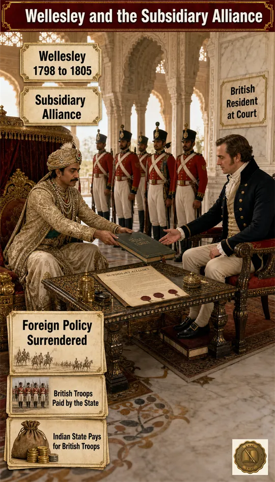 An Indian princely court interior — the ruler on a low canopied throne in royal achkan and embroidered turban, the British Resident in 1800s diplomatic coat seated on a raised chair to the throne's right, a sealed Subsidiary Alliance treaty parchment on a low table between them, EIC sepoys in red uniform standing guard along the colonnade behind, and a Persian-script foreign-policy ledger being closed and handed across the table.