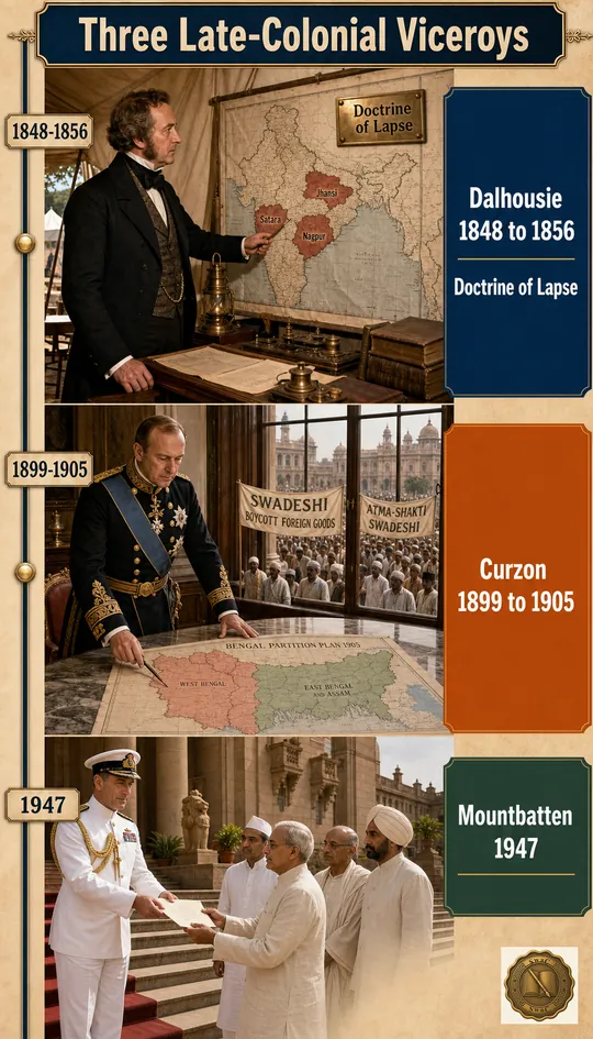 A vertical three-cell timeline of late-colonial Viceroys, each cell a period-accurate photoreal mini-scene rather than a portrait — Dalhousie cell with a Lapse map showing Satara, Jhansi, Nagpur shaded annexed; Curzon cell with the 1905 Bengal Partition map and a Swadeshi rally; Mountbatten cell with the 1947 handover scene — bound by a vertical timeline rail with date stamps on the left.