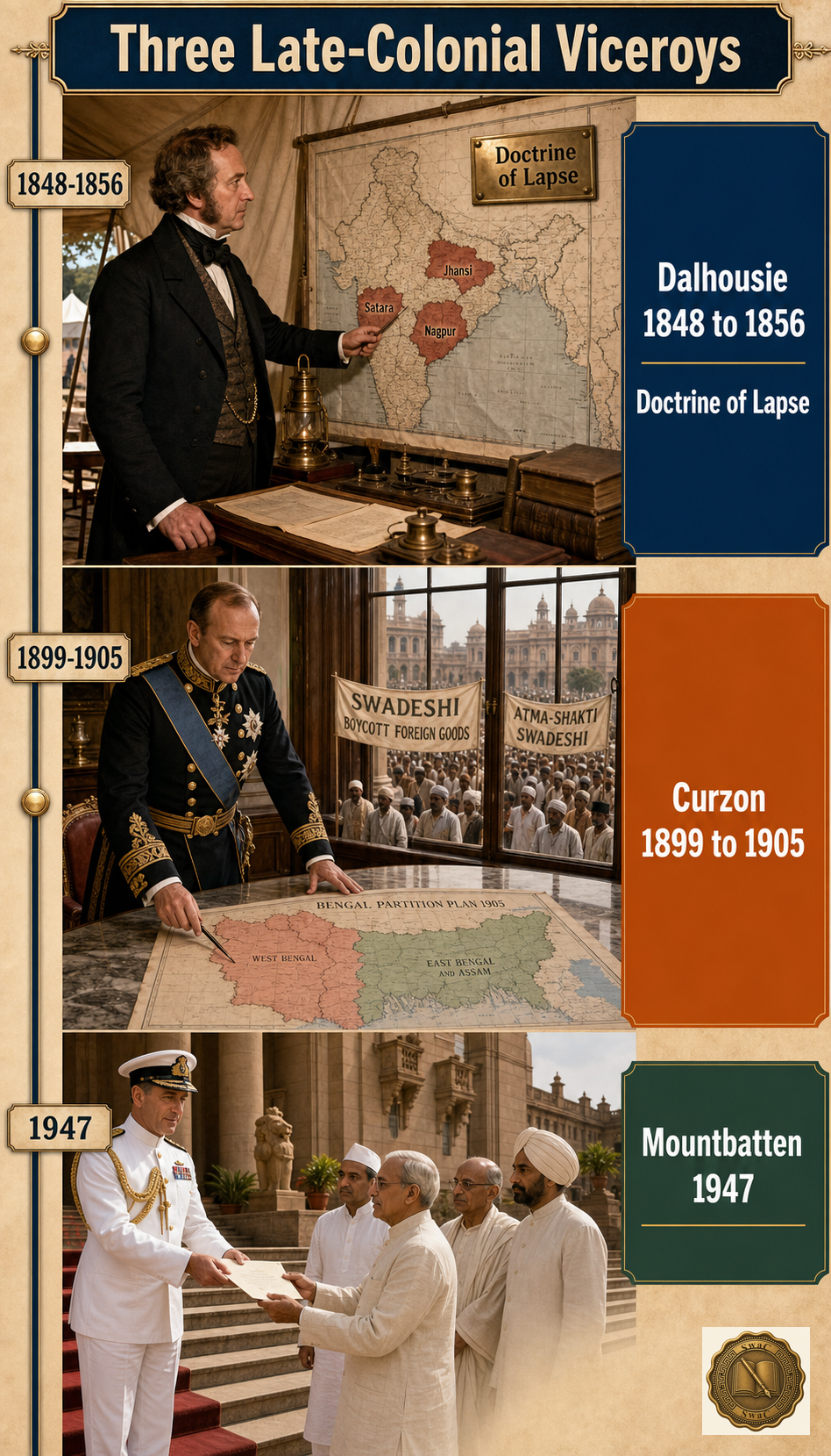 A vertical three-cell timeline of late-colonial Viceroys, each cell a period-accurate photoreal mini-scene rather than a portrait — Dalhousie cell with a Lapse map showing Satara, Jhansi, Nagpur shaded annexed; Curzon cell with the 1905 Bengal Partition map and a Swadeshi rally; Mountbatten cell with the 1947 handover scene — bound by a vertical timeline rail with date stamps on the left.