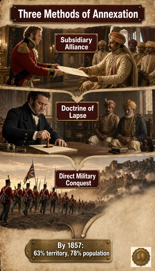 Three parallel funnels — diplomacy, succession-law, and battlefield — pouring Indian territory into the EIC treasury until 63 percent of land and 78 percent of people sat under direct British rule.