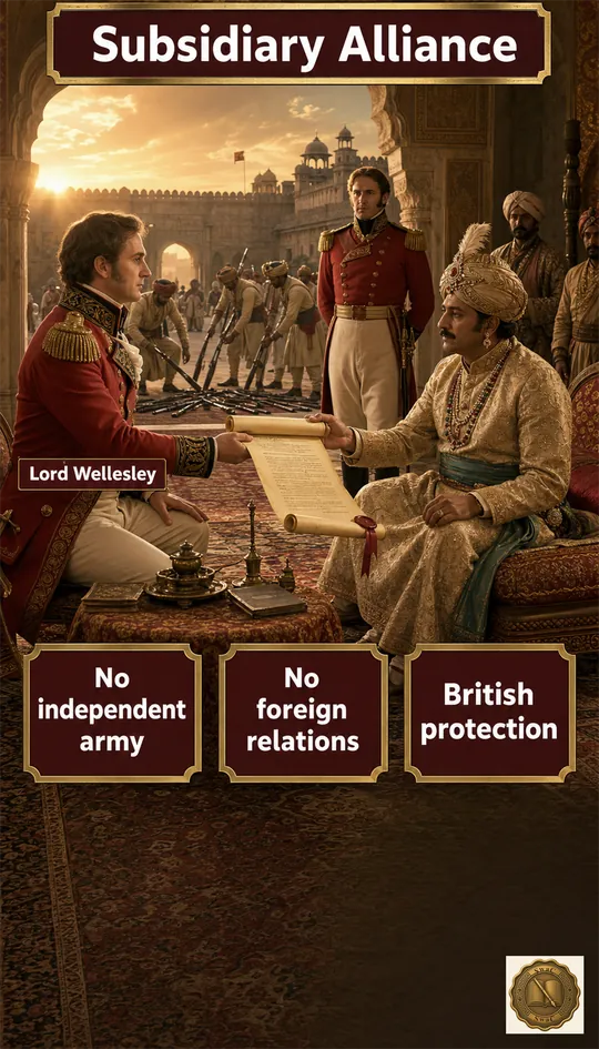 A signed scroll that converts an Indian throne into a British protectorate by silently confiscating three sovereign powers — independent armies, foreign relations, and European hiring.
