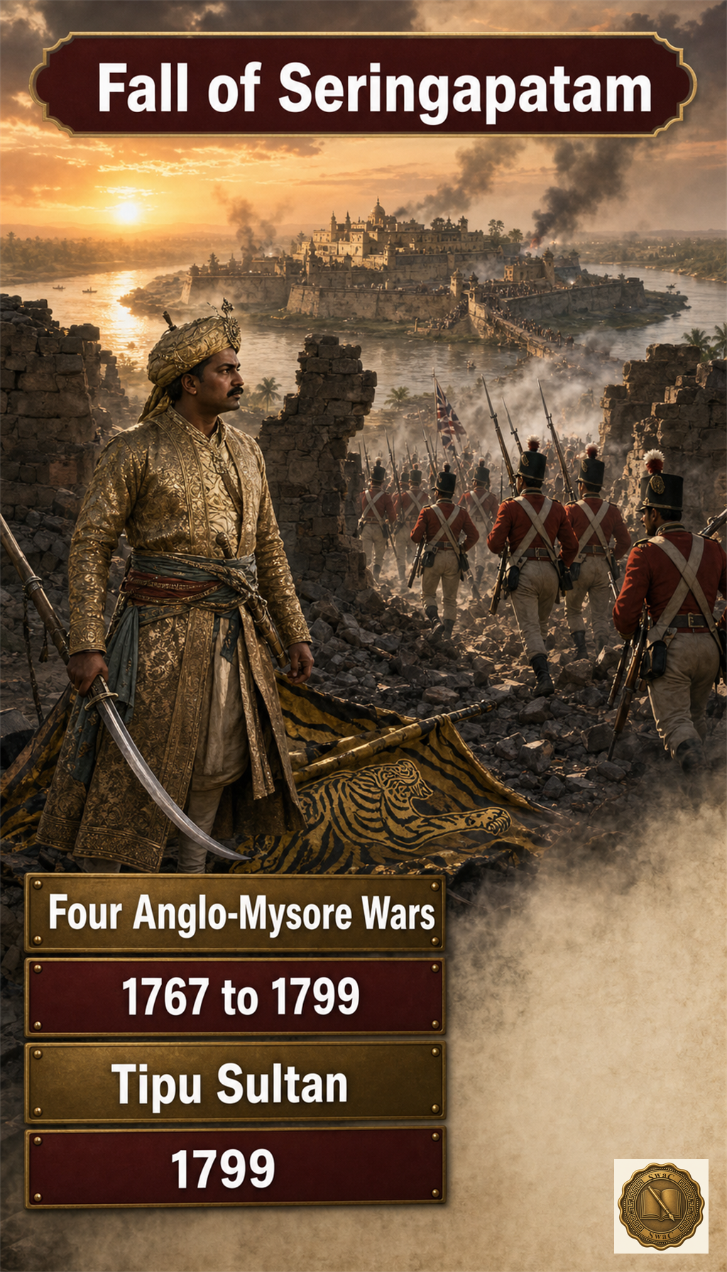 A Mysorean tiger banner falling at a breached fort wall — four wars ending with one decisive moment in 1799.