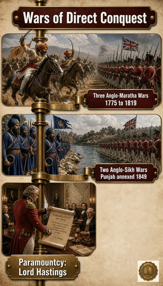 A vertical chronology bead-string where each bead is a distinct war or doctrine, leading to the 1849 closure of conquest in the north-west.