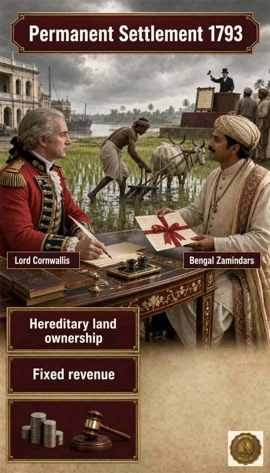 A Calcutta deed-signing scene with three forces in one frame — Cornwallis the policymaker, the Zamindar holding a hereditary deed, and an auctioneer's hammer hovering over a defaulted estate.