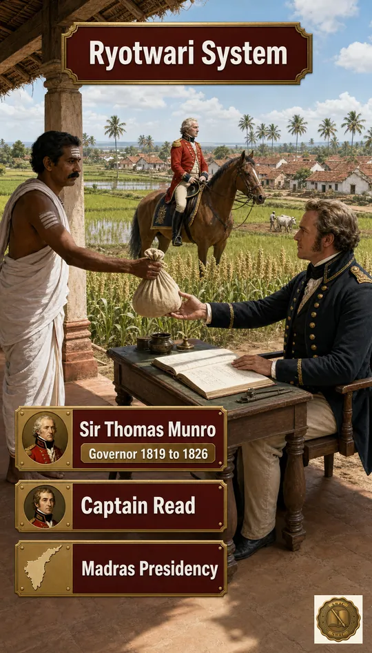 A Telugu cultivator handing his revenue pouch directly across a thatched verandah to a British revenue officer - no Zamindar between them.