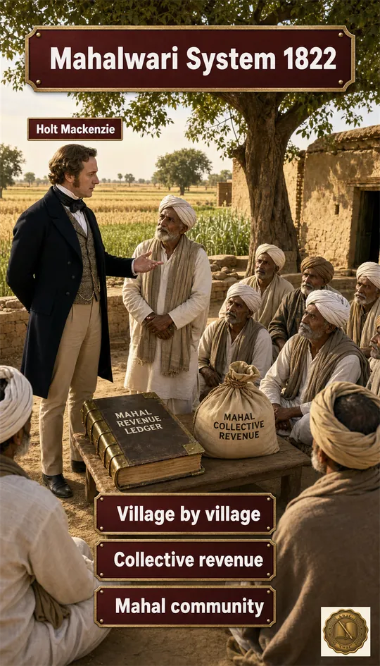 A North-Indian village panchayat seated in a circle weighing a common bag of revenue - the unit is the village, not the individual ryot or the Zamindar.