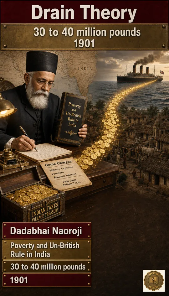 An elder reformer at a desk holding a thick book while a luminous stream of gold pounds flows out of an Indian village treasury toward a distant British steamship - the drain made visible and named.