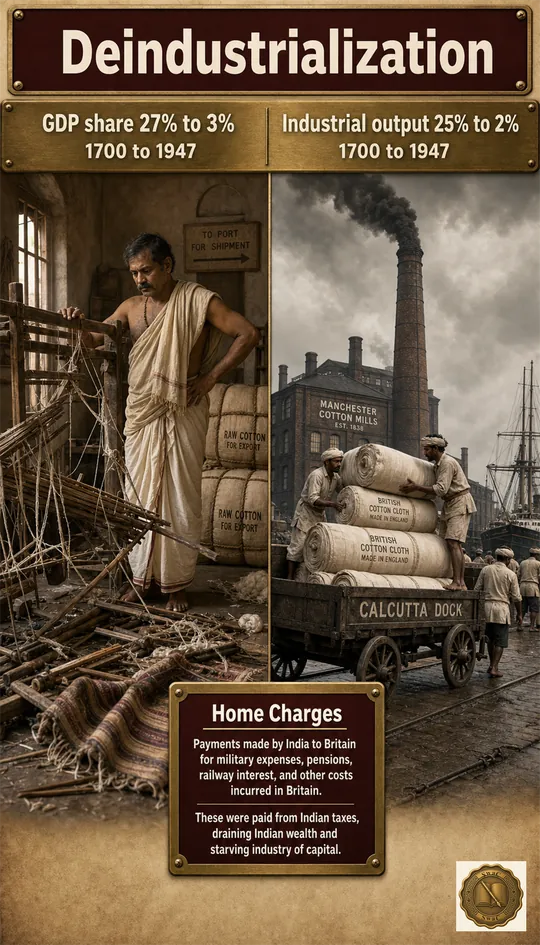 A split frame - left panel: a broken Indian handloom and stacked raw-cotton bales bound for shipping; right panel: a smoke-belching Manchester factory chimney and bolts of imported British cloth being unloaded - one economy hollowed out, another inflated, with the stat strip naming the collapse.