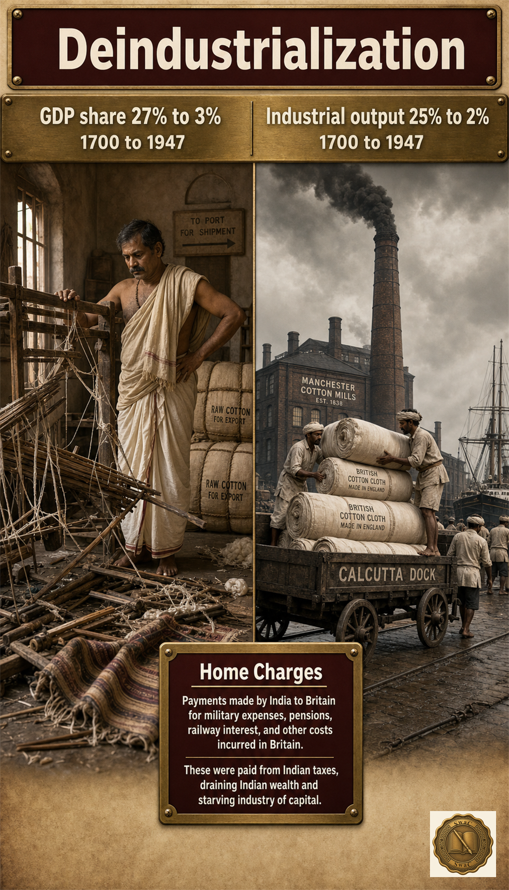 A split frame - left panel: a broken Indian handloom and stacked raw-cotton bales bound for shipping; right panel: a smoke-belching Manchester factory chimney and bolts of imported British cloth being unloaded - one economy hollowed out, another inflated, with the stat strip naming the collapse.