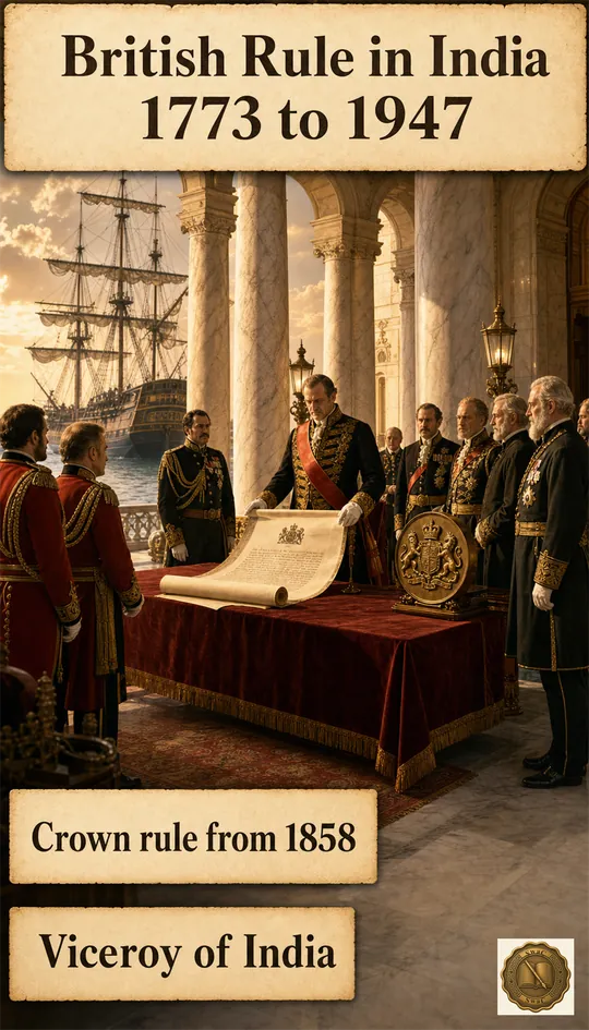 British power in India as a 174-year arc anchored on two transitions: 1773 parliamentary regulation and 1858 Crown takeover.