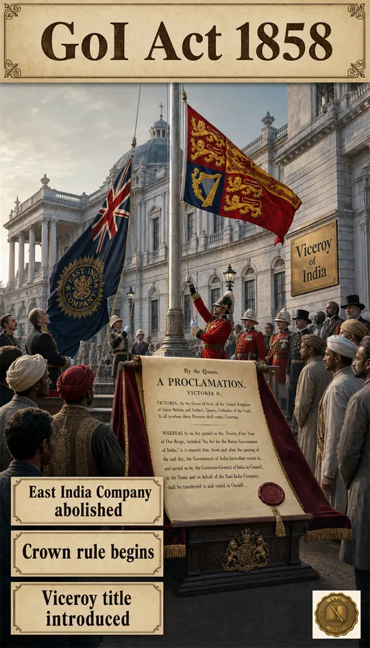 The East India Company merchant ship lowering its flag as Queen Victoria's Crown standard rises over Government House Calcutta and the first Viceroy is announced.