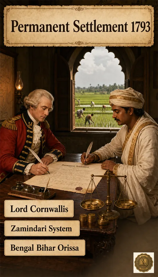 A Bengal zamindar at a writing table signing a permanent revenue contract with Lord Cornwallis while peasants work the rice fields outside.