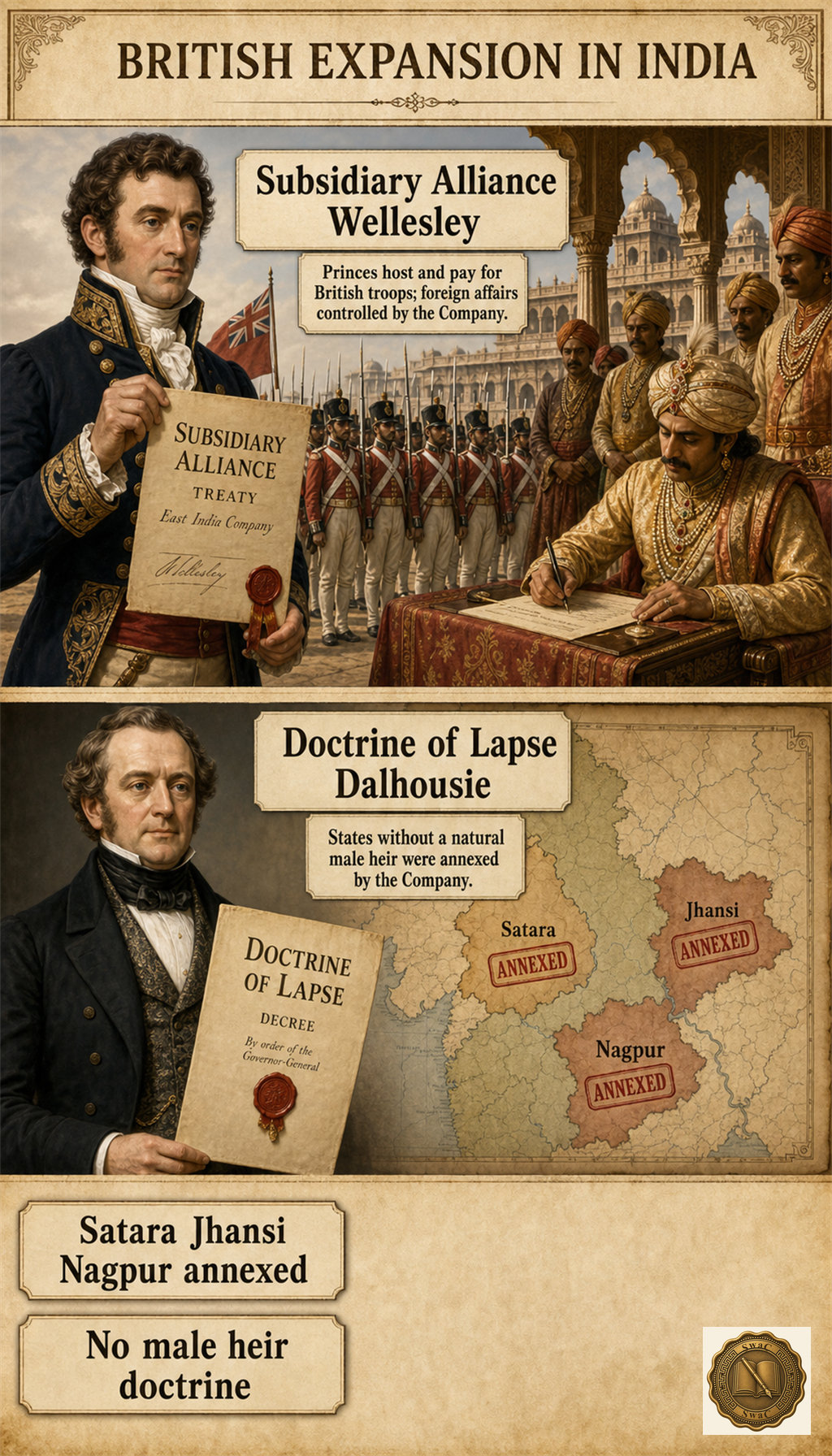 Two architects, one each side of the canvas — Wellesley with a Subsidiary Alliance treaty in hand and Indian princes paying for British troops, and Dalhousie with a Doctrine of Lapse decree absorbing Satara, Jhansi and Nagpur into British India.