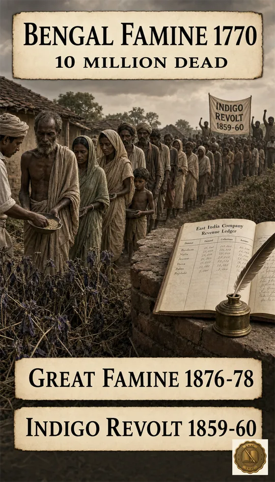 A grieving Bengal village with withered indigo fields in the foreground, a heavy revenue ledger pressing on a household, and stat callouts naming three famines and one revolt.