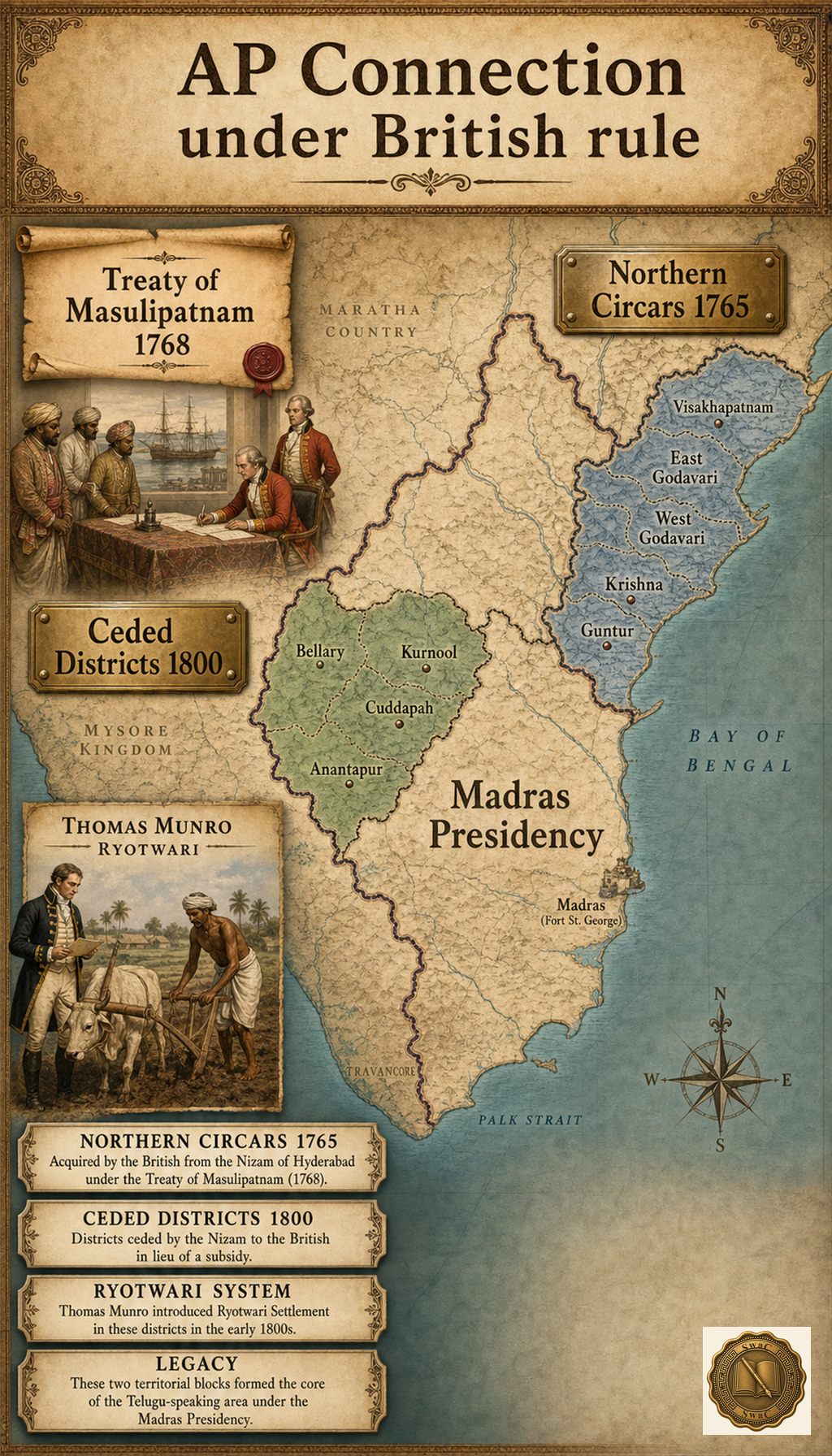An illustrated map of southern India with two shaded territorial blocks — the Northern Circars along the east coast and the Ceded Districts inland — both folded into the Madras Presidency, with a Ryotwari-Munro vignette anchoring the AP-Munro tie.