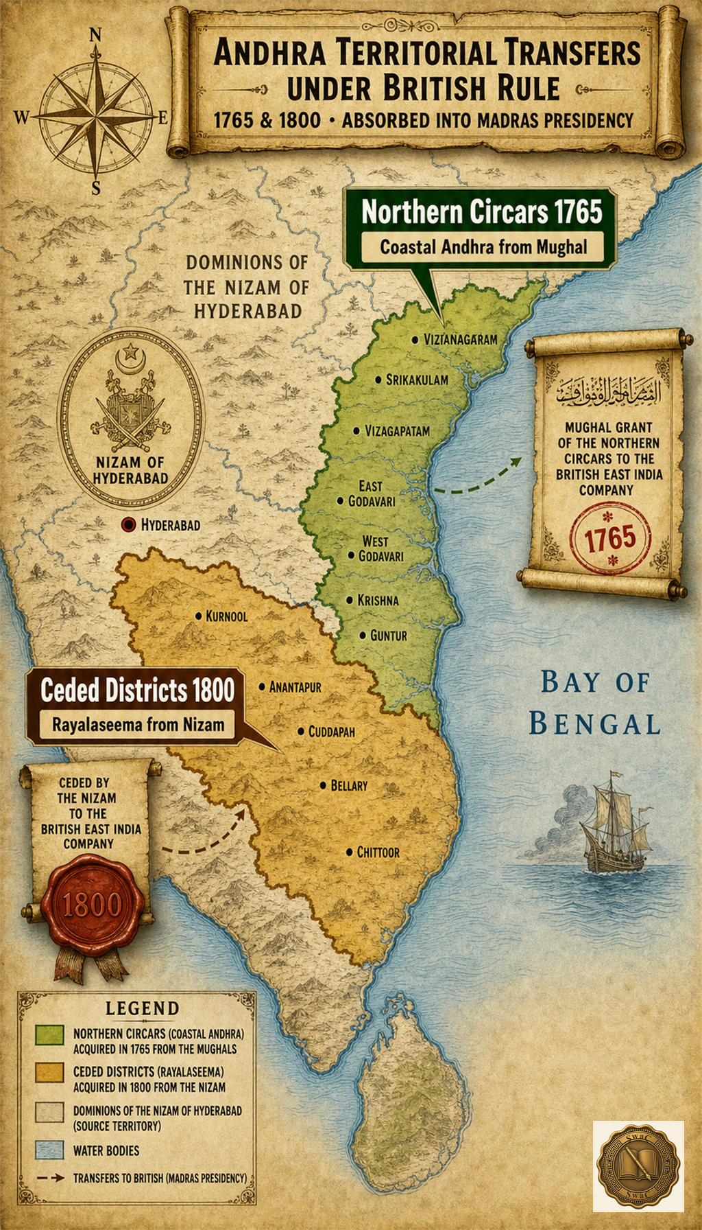 Two distinct AP transfers, two distinct regions, two distinct dates — Coastal Andhra (Circars, 1765) versus Rayalaseema (Ceded Districts, 1800).