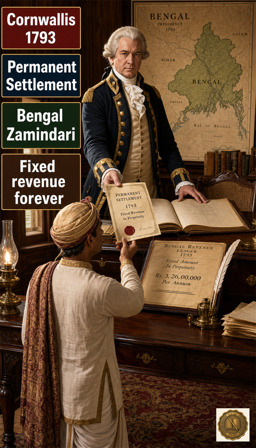 One Governor-General, one policy, one fixed-forever Bengal revenue contract — the Cornwallis-Zamindar handshake of 1793.