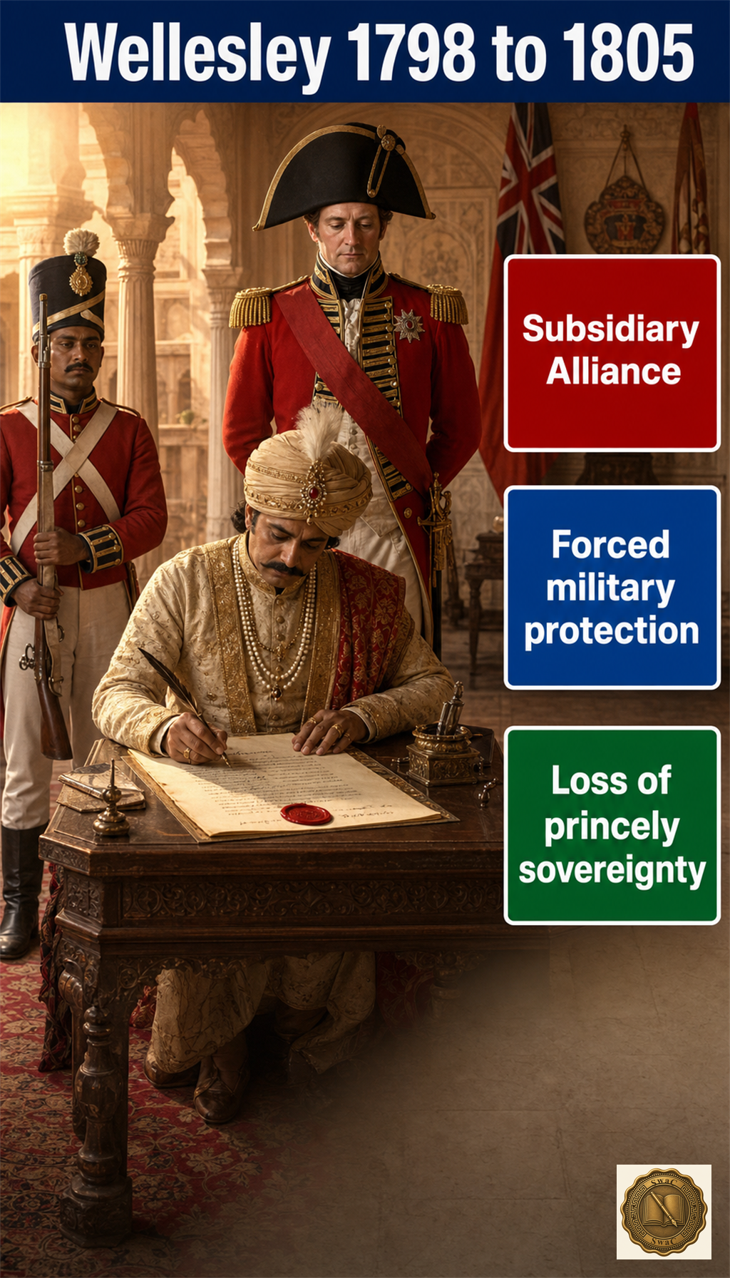 Wellesley Subsidiary Alliance — an Indian prince loses sovereignty by paying for a Company garrison stationed inside his own domain.