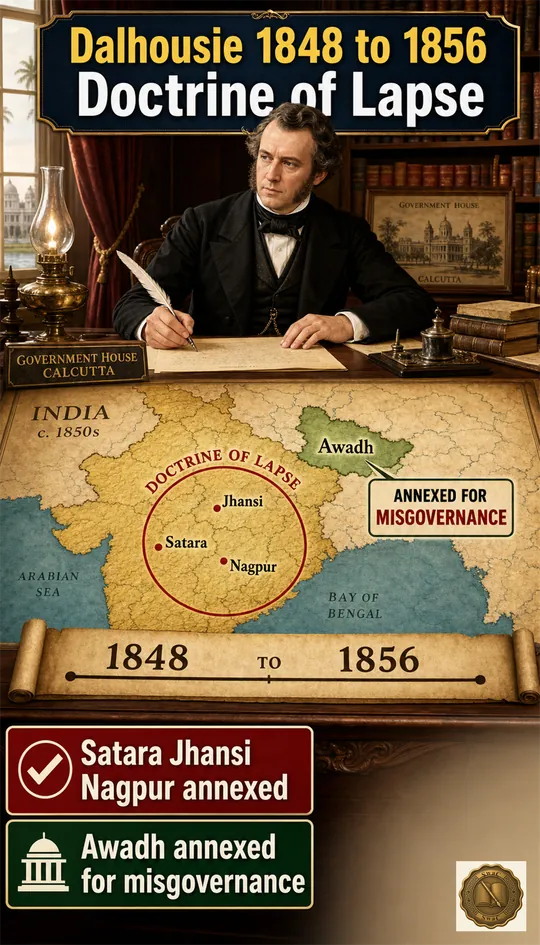 Dalhousie annexed Satara, Jhansi and Nagpur under the Lapse rule (no natural male heir) — but Awadh was annexed separately for misgovernance, a common APPSC trick point.