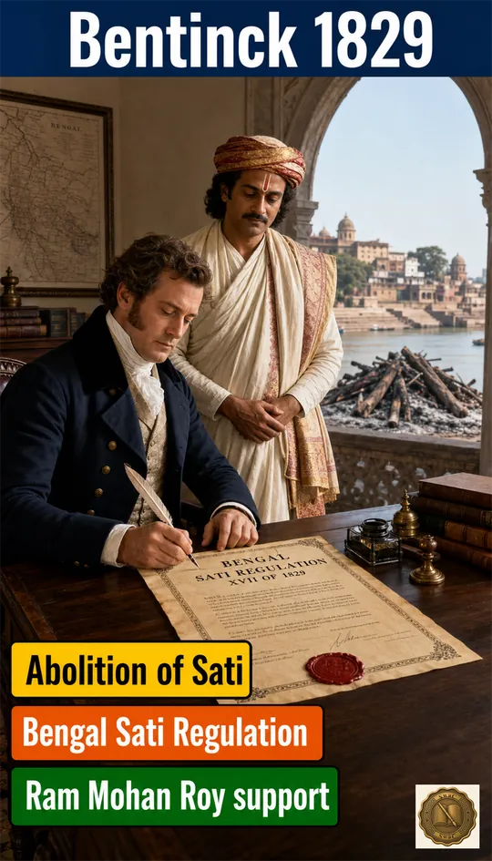 Bentinck signed the 1829 Bengal Sati Regulation outlawing sati; the reform was backed by Raja Ram Mohan Roy and ended the practice in Company-administered Bengal.