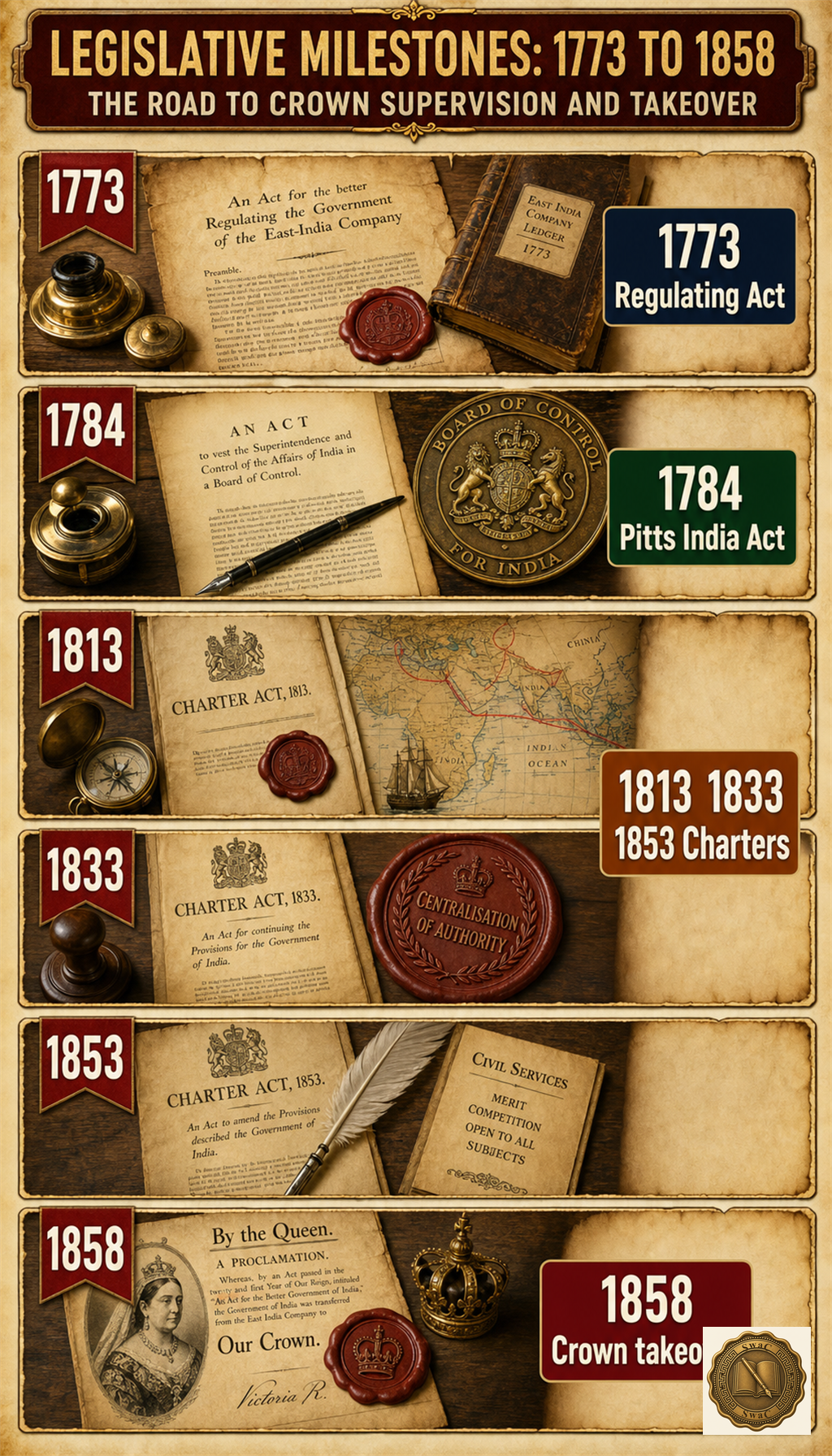 Six legislative milestones running 1773 to 1858 — each Act tightens Crown supervision over the East India Company, culminating in the 1858 takeover.