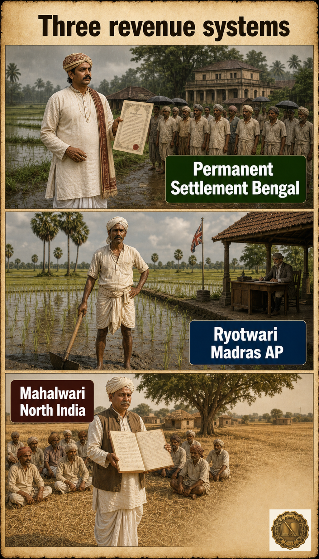 Three regions, three intermediary structures: Bengal zamindar (fixed forever), Madras ryot (direct), North Indian mahal village headman (village-collective).