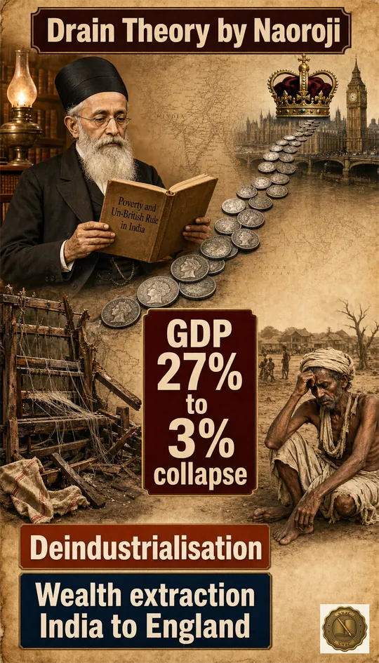 British rule was an economic drain — wealth flowed from India to England, Indian handlooms were ruined, and India share of world GDP collapsed from 27 percent to 3 percent.