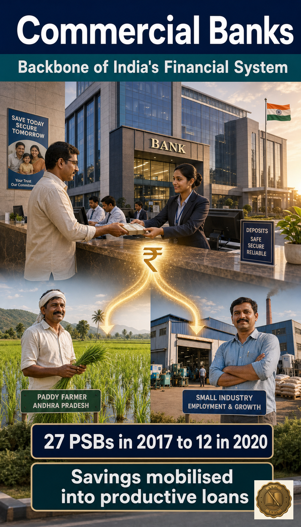 A bank is a channel: savings flow in at the counter, loans flow out to farm and factory.