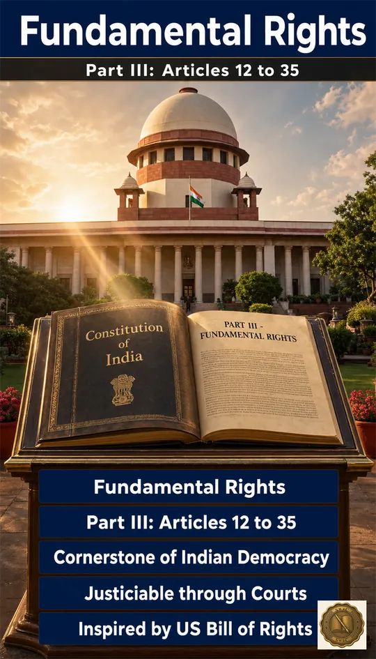 Fundamental Rights as a luminous protective canopy rising above every citizen, anchored in the Supreme Court and the Constitution book of India.