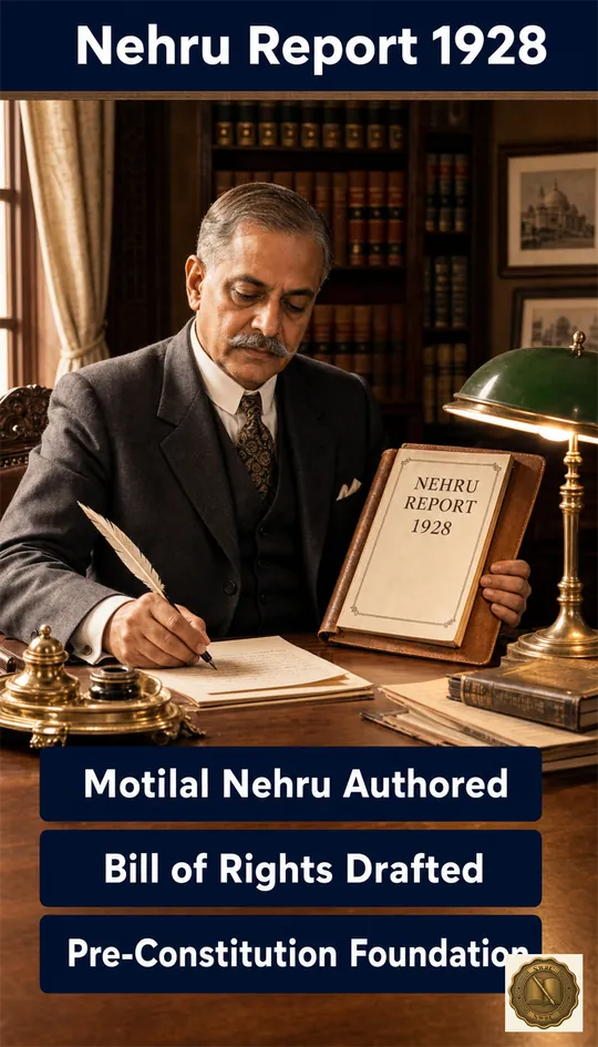 Motilal Nehru at his writing desk in 1928, the Nehru Report in front of him, drafting the bill-of-rights chapter that anticipates Part III.