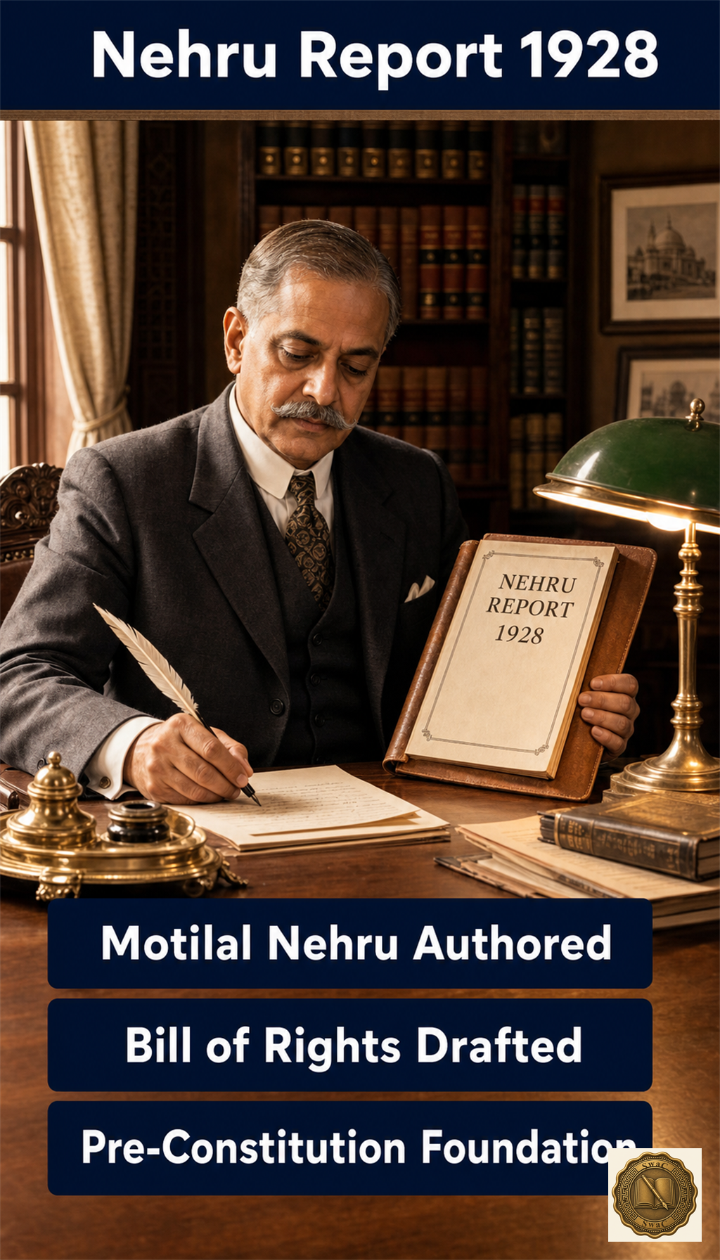 Motilal Nehru at his writing desk in 1928, the Nehru Report in front of him, drafting the bill-of-rights chapter that anticipates Part III.