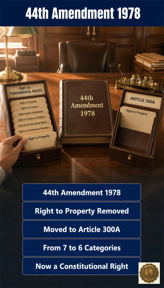 A before-and-after constitutional ledger: Part III on one side losing the Right to Property card, while Article 300A on the other side gains it as a constitutional (non-fundamental) right.