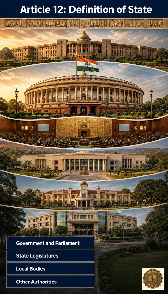 Concentric civic rings centred on the Indian Parliament dome — each ring labelling one component the Constitution treats as 'State' for Part III.