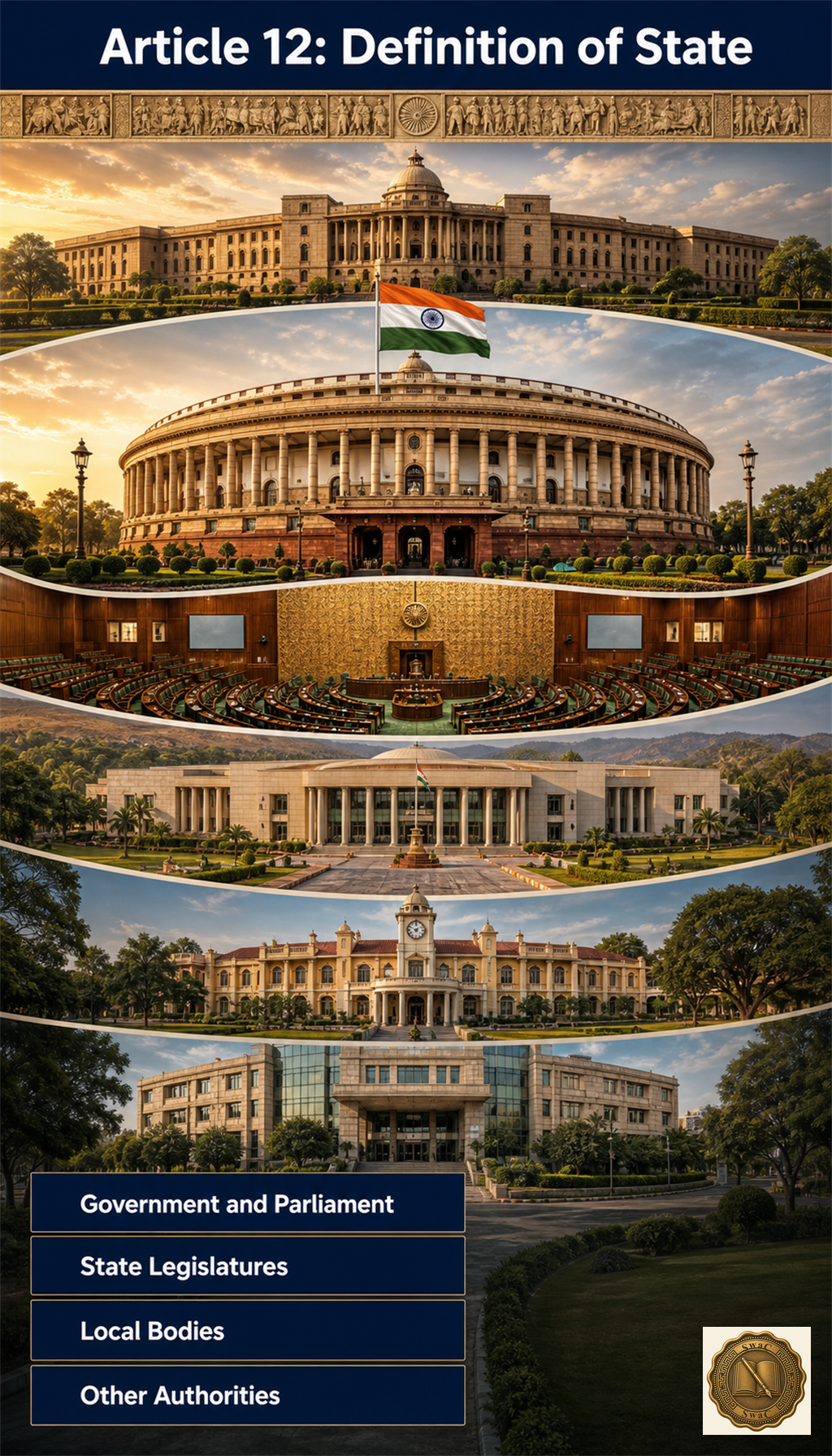 Concentric civic rings centred on the Indian Parliament dome — each ring labelling one component the Constitution treats as 'State' for Part III.