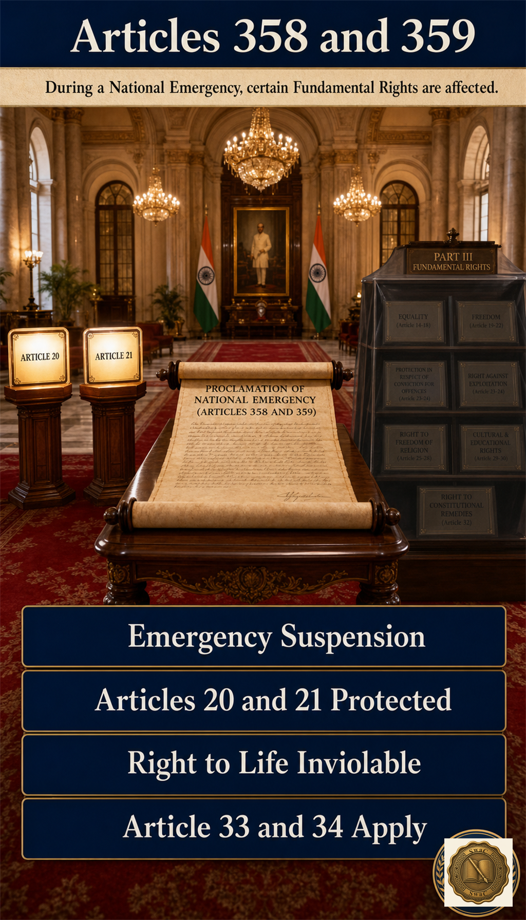 Most FR panels dim under an emergency cover; Articles 20 and 21 alone remain lit, protected as the indispensable core.