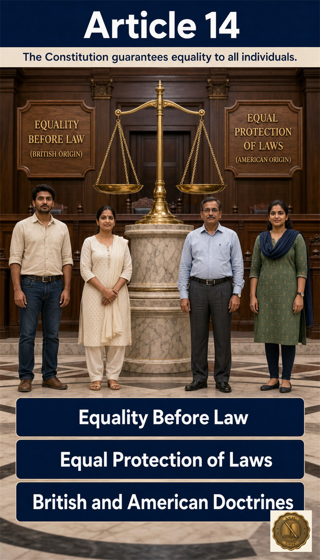A photoreal Indian courtroom with the scales of justice perfectly balanced, two doctrinal plaques flanking them — one labelled 'EQUALITY BEFORE LAW (BRITISH)' and the other 'EQUAL PROTECTION OF LAWS (AMERICAN)' — fused under Article 14.