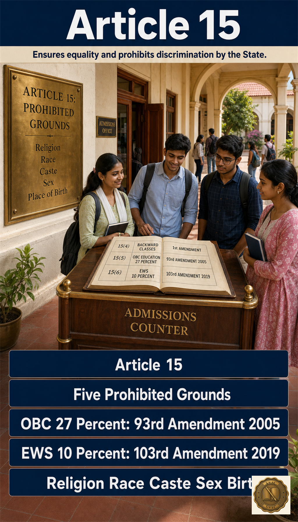 An Indian government higher-secondary college courtyard with a visible admissions ledger showing reservation slot allocations under Article 15(4), 15(5), and 15(6), and a wall plaque listing the five prohibited grounds.