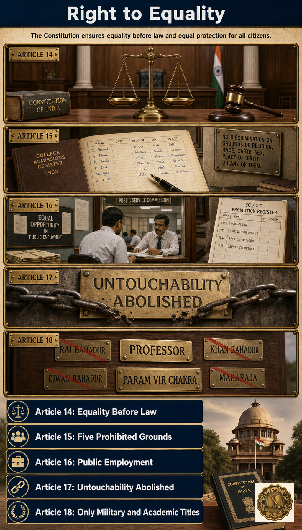 A photoreal recap board organized as a 5-cell vertical column, each cell a tiny photoreal vignette of one article in the Right-to-Equality block.