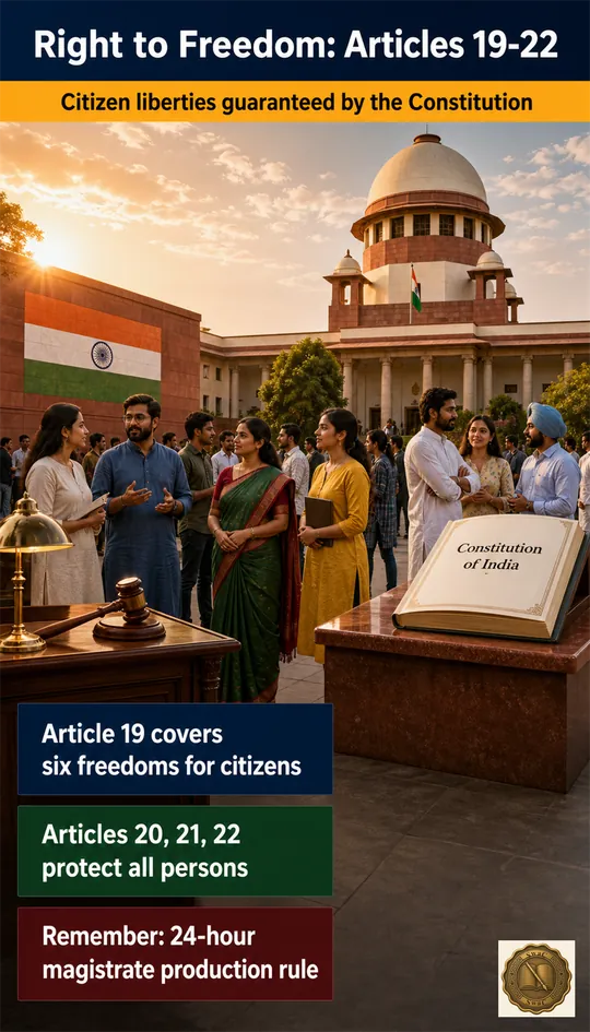 A citizen standing freely under a constitutional canopy, with the Supreme Court visible behind as the guardian that converts written rights into enforceable liberties.