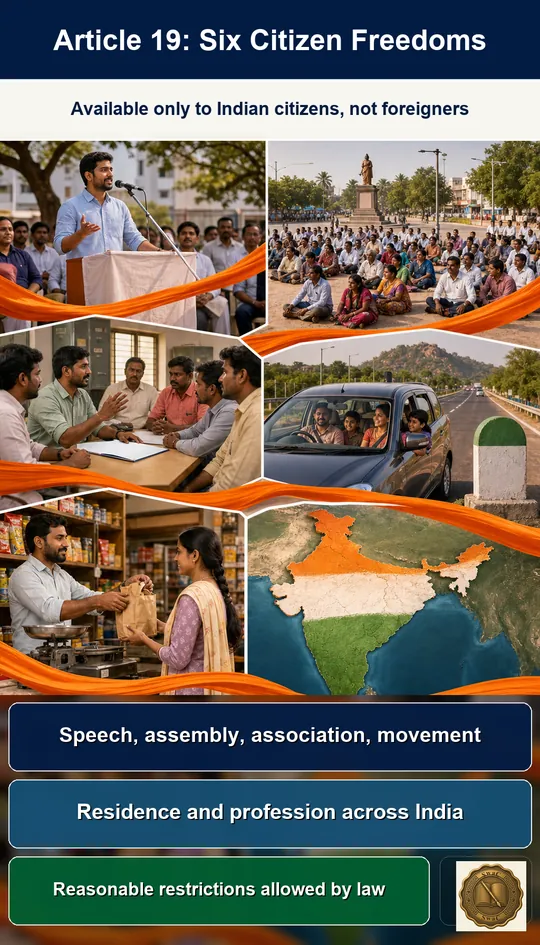 An Indian citizen walking through six everyday liberty scenes - speaking at a rally, joining a peaceful assembly, forming a union, travelling between states, settling in a new state, running a small shop - all visibly within India.