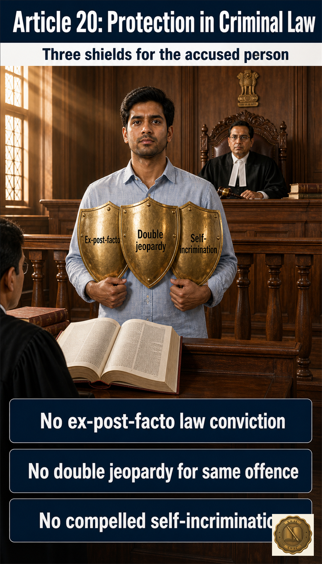 An Indian courtroom where an accused person stands behind a wooden dock holding up three sturdy brass shields each labelled with one protection while the judge looks on.