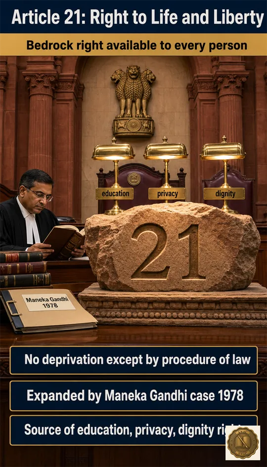 A bedrock stone slab carved with Article 21 anchoring an Indian Supreme Court interior, from which roots branch upward into reading lamps marked education, privacy and dignity.