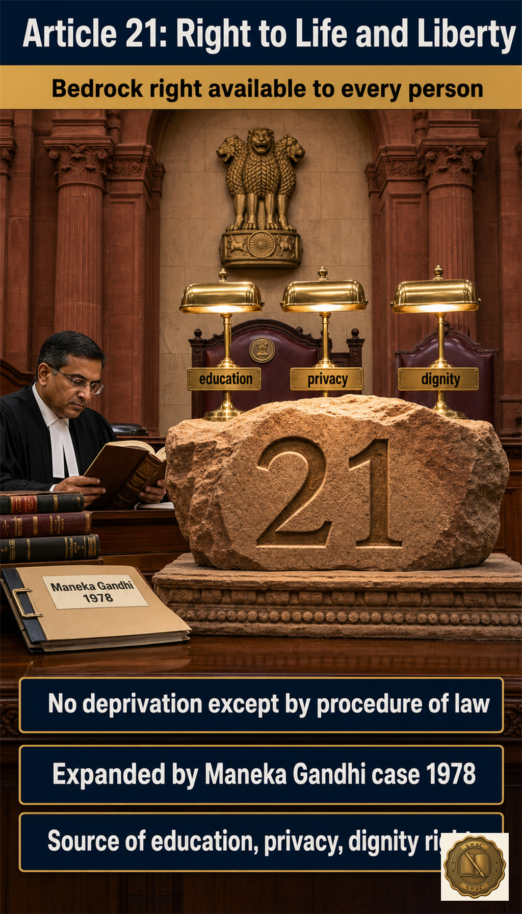 A bedrock stone slab carved with Article 21 anchoring an Indian Supreme Court interior, from which roots branch upward into reading lamps marked education, privacy and dignity.