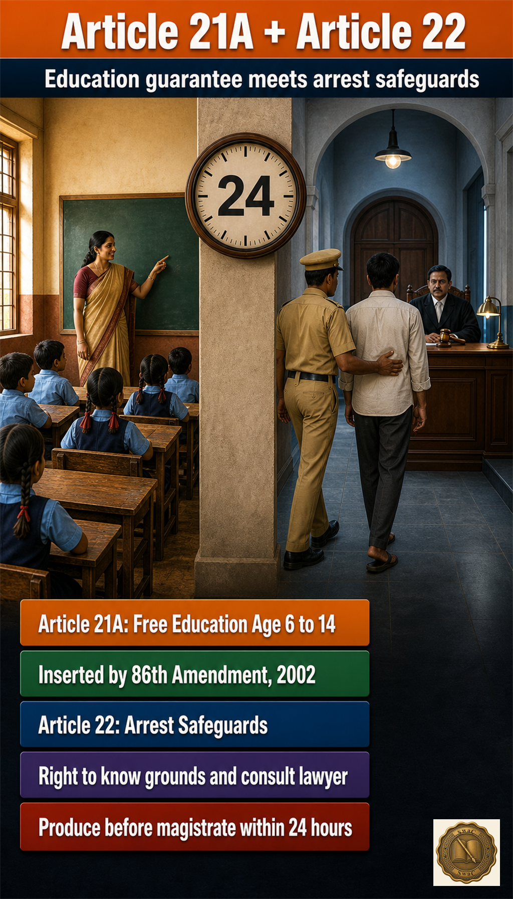 A split scene where children sit in an Indian government school classroom on the left and an arrested person is being escorted to a magistrate's bench on the right with a wall clock showing 24 hours between them.