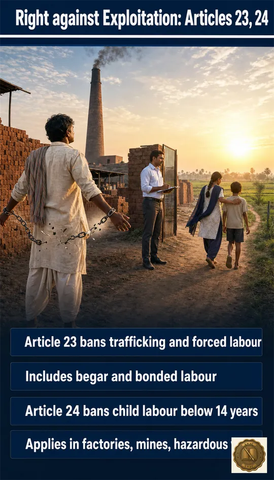 A worker being freed from snapping chains on the left and a child being led out of a brick kiln by a labour inspector on the right, both walking into morning light.