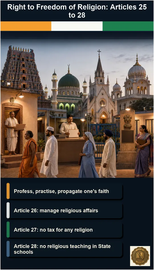 An Indian public square at evening where worshippers from four traditions move freely past a religious-institution trustee, a State treasury clerk and a government school principal who each stand for one constraint.