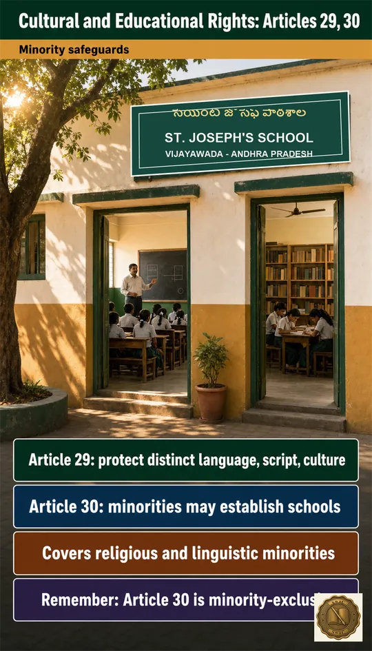 A minority-run school in Andhra Pradesh with a teacher conducting a class in a regional script while a small community library next door preserves a distinct language alphabet board.