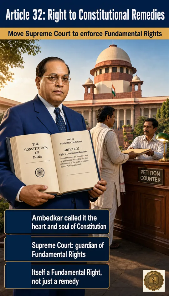 Dr. B. R. Ambedkar in his characteristic blue suit standing before the Supreme Court of India holding a copy of the Constitution open at Article 32, with a citizen submitting a petition at the registry counter behind him.